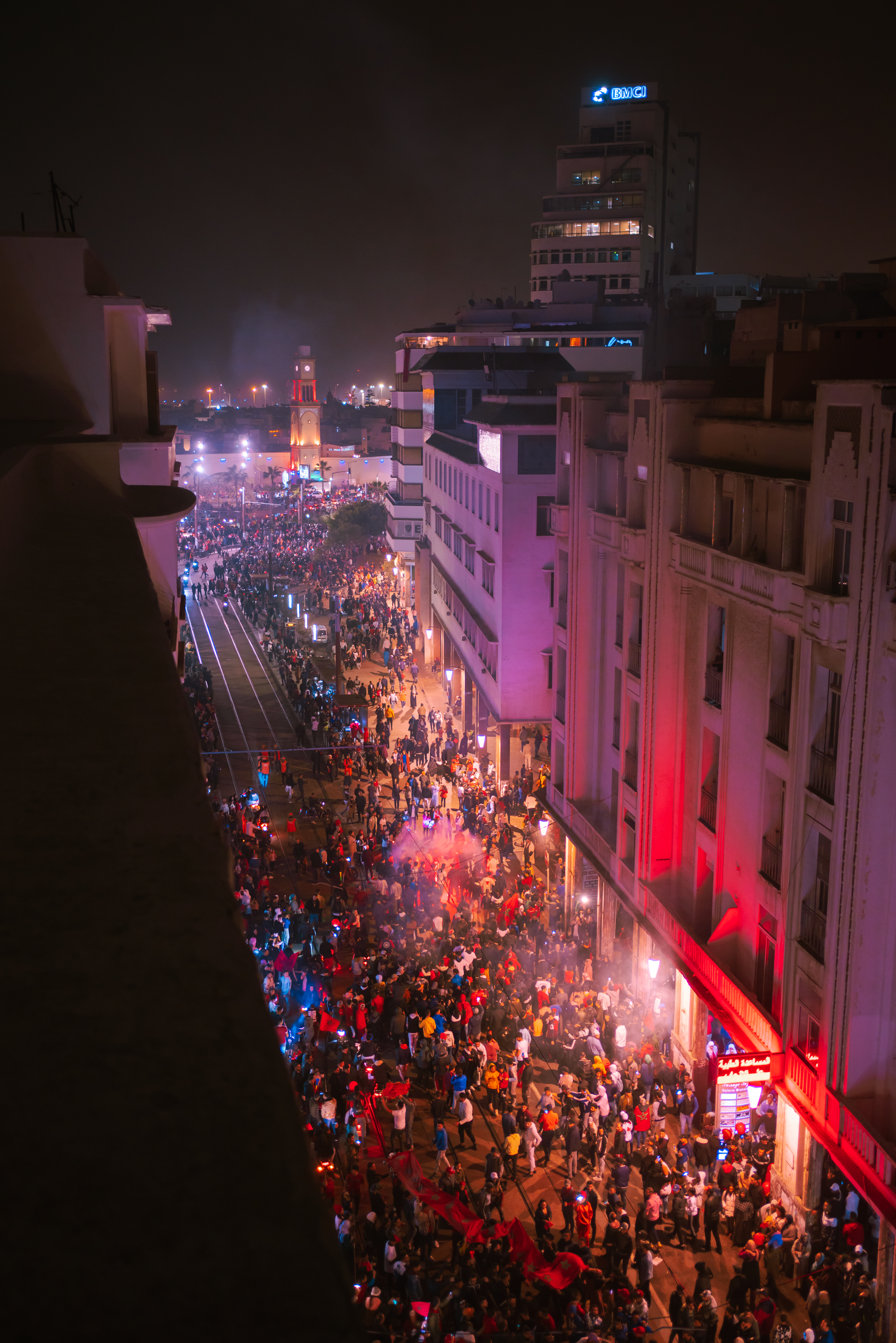 Moroccan people celebrating defeating in the streets the win against Spain in Qatar World cup 2022 | Casablanca, Morocco 2022